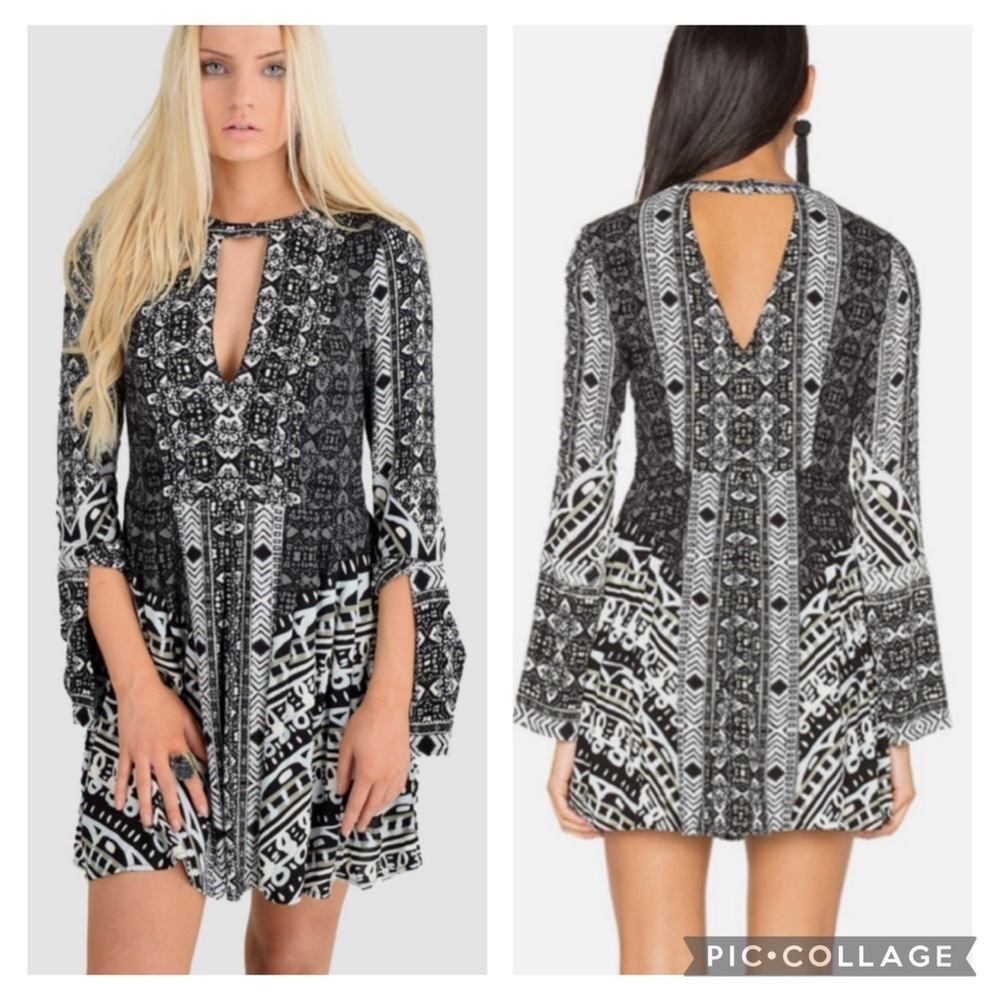 Free People Mini Dress Black Tegan Border Print Rayon Swing Dress Boho size 4
